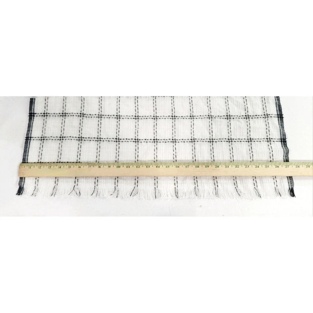 Ann Taylor Fringed Blanket Scarf White Black Plaid Gold Accents 80x27 NWT $70